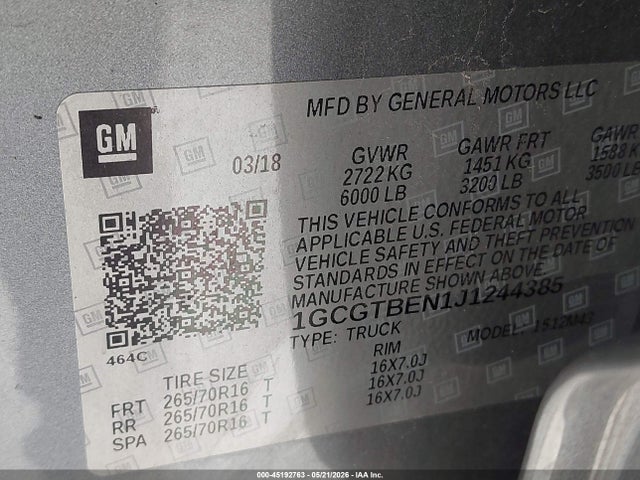 Aukcja sprzedaży 2018 Chevrolet Colorado Wt, vin: 1GCGTBEN1J1244385, numer aukcji: 45192763