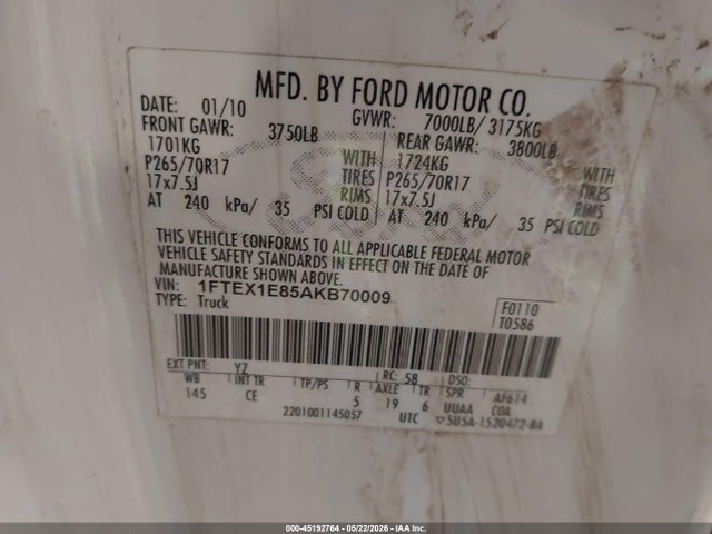 45192764 :رقم المزاد ، 1FTEX1E85AKB70009 vin ، 2010 Ford F-150 Stx مزاد بيع