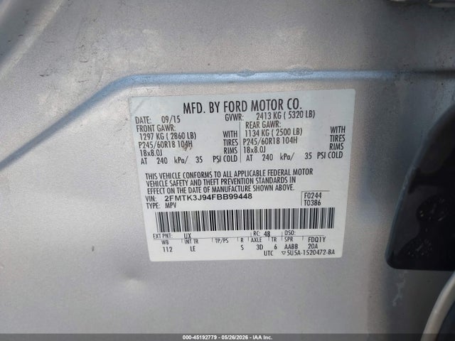 45192779 :رقم المزاد ، 2FMTK3J94FBB99448 vin ، 2015 Ford Edge Sel مزاد بيع