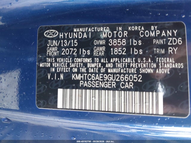 45192798 :رقم المزاد ، KMHTC6AE9GU266052 vin ، 2016 Hyundai Veloster Turbo مزاد بيع