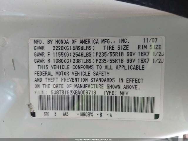 Aukcja sprzedaży 2008 Acura Rdx, vin: 5J8TB182X8A009718, numer aukcji: 45192806