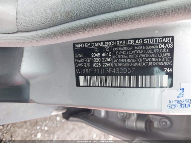 Aukcja sprzedaży 2003 Mercedes-benz C 240, vin: WDBRF81J13F432057, numer aukcji: 45192826