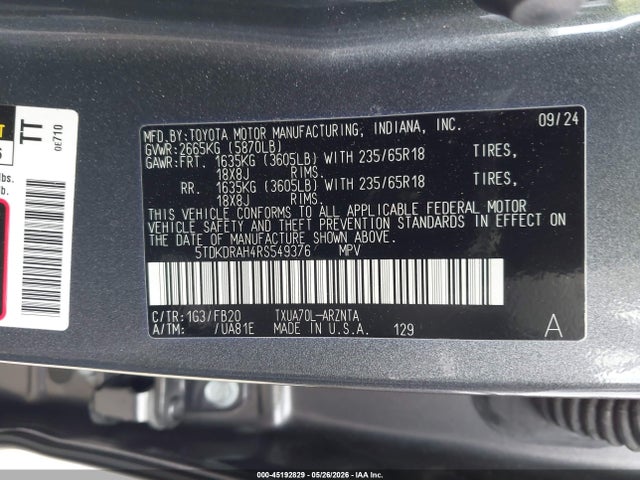 45192829 :رقم المزاد ، 5TDKDRAH4RS549376 vin ، 2024 Toyota Highlander Le مزاد بيع