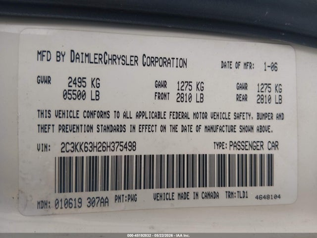 Aukcja sprzedaży 2006 Chrysler 300c, vin: 2C3KK63H26H375498, numer aukcji: 45192832
