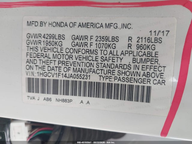 Продажа на аукционе авто 2018 Honda Accord Lx, vin: 1HGCV1F14JA055231, номер лота: 45192841