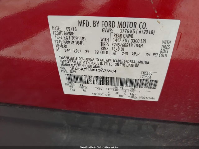 45192848 :رقم المزاد ، 1FM5K7D88HGA75584 vin ، 2017 Ford Explorer Xlt مزاد بيع