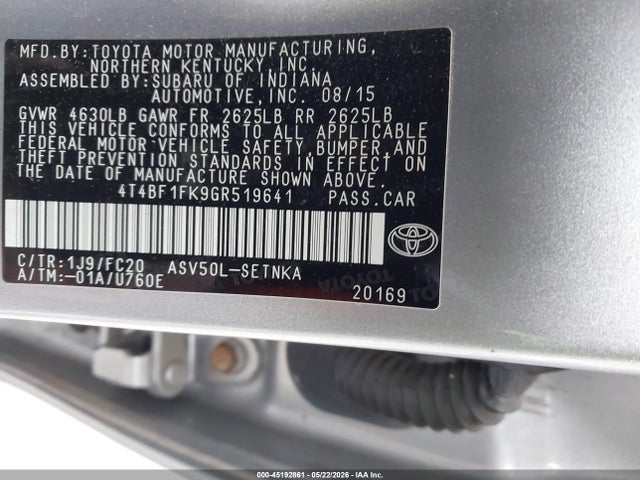 Продажа на аукционе авто 2016 Toyota Camry Le, vin: 4T4BF1FK9GR519641, номер лота: 45192861