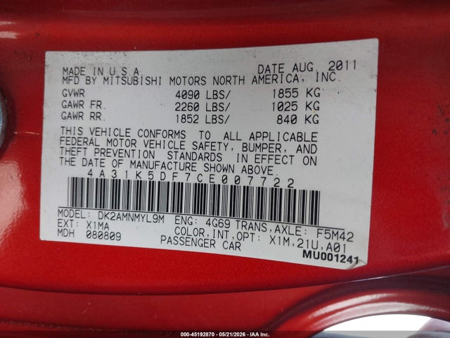 Продажа на аукционе авто 2012 Mitsubishi Eclipse Gs/gs Sport/se, vin: 4A31K5DF7CE007722, номер лота: 45192870