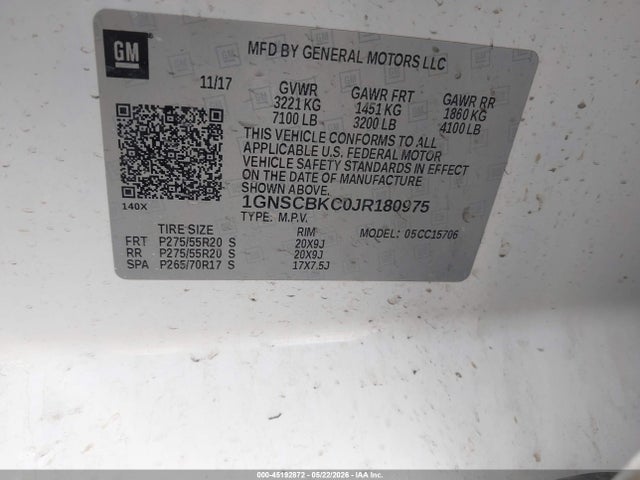 45192872 :رقم المزاد ، 1GNSCBKC0JR180975 vin ، 2018 Chevrolet Tahoe Lt مزاد بيع