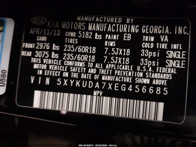 2014 Kia Sorento Ex V6 მანქანა იყიდება აუქციონზე, vin: 5XYKUDA7XEG456685, აუქციონის ნომერი: 45192873