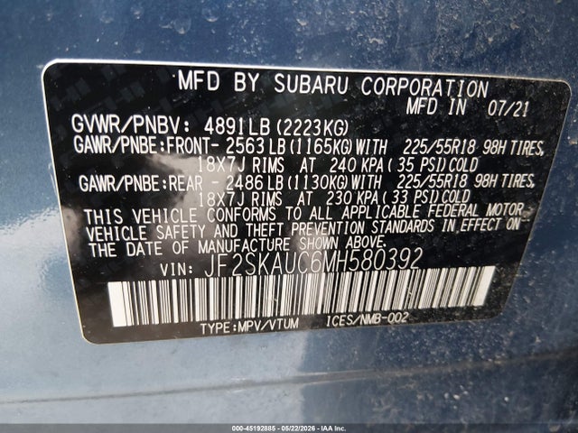 45192885 :رقم المزاد ، JF2SKAUC6MH580392 vin ، 2021 Subaru Forester Limited مزاد بيع