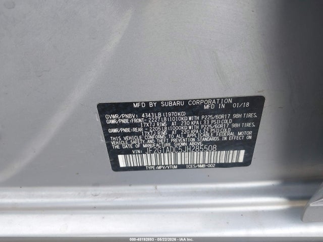 Aukcja sprzedaży 2018 Subaru Crosstrek 2.0i Premium, vin: JF2GTADC5JH285508, numer aukcji: 45192893