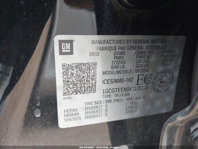 45192907 :رقم المزاد ، 1GCGTEEN0K1139338 vin ، 2019 Chevrolet Colorado Zr2 مزاد بيع