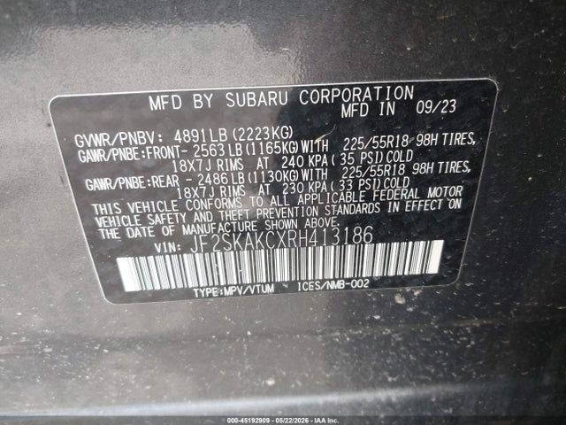 Aukcja sprzedaży 2024 Subaru Forester Limited, vin: JF2SKAKCXRH413186, numer aukcji: 45192909