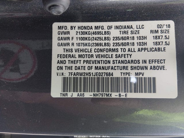 Aukcja sprzedaży 2018 Honda Cr-v Ex, vin: 7FARW2H51JE027684, numer aukcji: 45192911