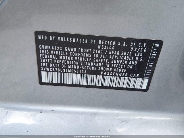 2020 Volkswagen Jetta 1.4t R-line/1.4t S/1.4t Se მანქანა იყიდება აუქციონზე, vin: 3VWCB7BU9LM053133, აუქციონის ნომერი: 45192916