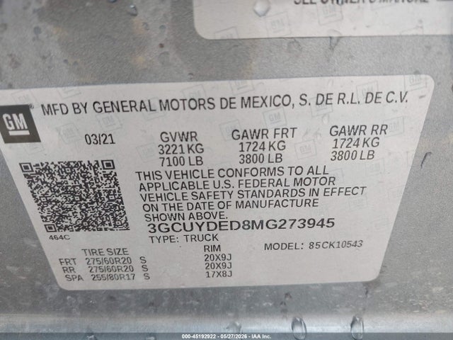 3GCUYDED8MG273945 Chevrolet Silverado 1500 4wd Short Bed Lt
