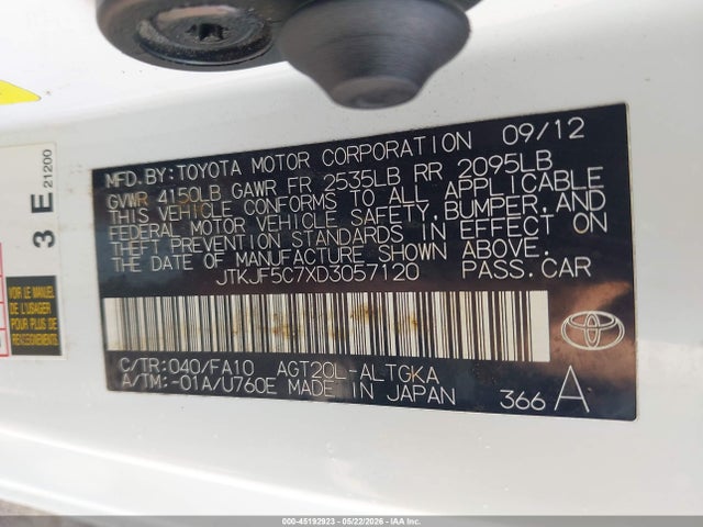 45192923 :رقم المزاد ، JTKJF5C7XD3057120 vin ، 2013 Scion Tc مزاد بيع