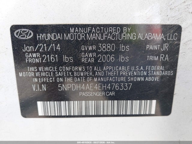 2014 Hyundai Elantra Limited მანქანა იყიდება აუქციონზე, vin: 5NPDH4AE4EH476337, აუქციონის ნომერი: 45192925