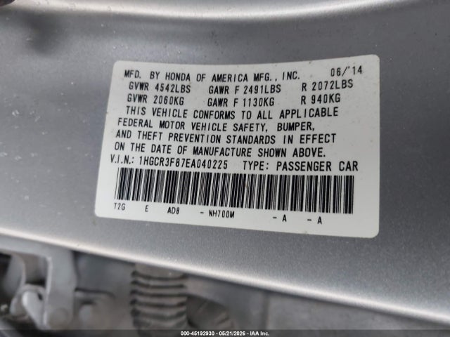 2014 Honda Accord Ex-l V-6 მანქანა იყიდება აუქციონზე, vin: 1HGCR3F87EA040225, აუქციონის ნომერი: 45192930