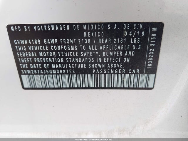 Aukcja sprzedaży 2016 Volkswagen Jetta 1.4t S, vin: 3VW267AJ5GM368153, numer aukcji: 45192932