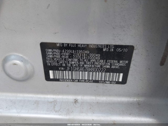 2011 Subaru Impreza 2.5i მანქანა იყიდება აუქციონზე, vin: JF1GH6A67BH800222, აუქციონის ნომერი: 45192935