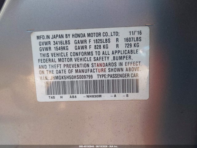JHMGK5H50HS009799 Honda FIT LX