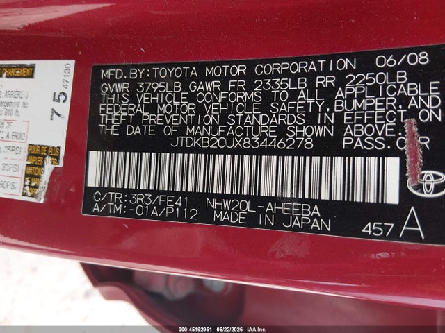Aukcja sprzedaży 2008 Toyota Prius, vin: JTDKB20UX83446278, numer aukcji: 45192951