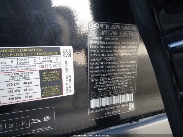 Aukcja sprzedaży 2021 Land Rover Range Rover P525 Westminster, vin: SALGS2SEXMA446484, numer aukcji: 45192962