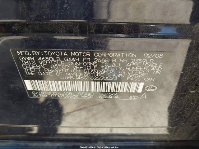 Aukcja sprzedaży 2008 Lexus Es 350, vin: JTHBJ46G182220523, numer aukcji: 45192963