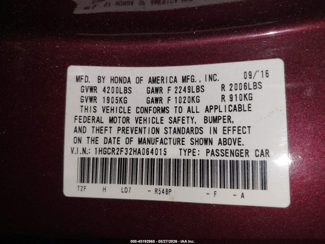 Aukcja sprzedaży 2017 Honda Accord Lx, vin: 1HGCR2F32HA064015, numer aukcji: 45192968