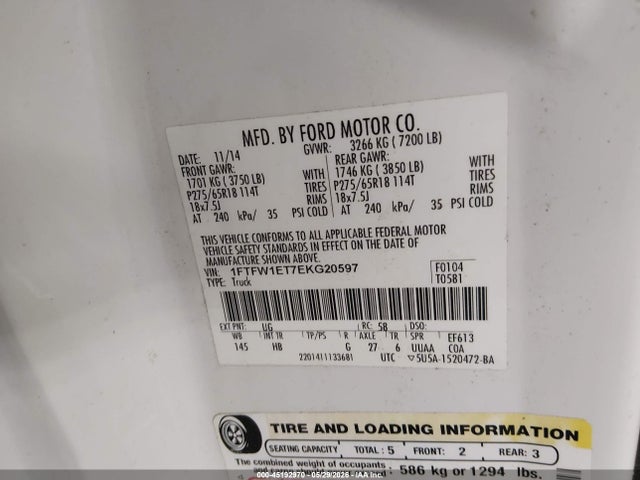 Продажа на аукционе авто 2014 Ford F-150 Lariat, vin: 1FTFW1ET7EKG20597, номер лота: 45192970