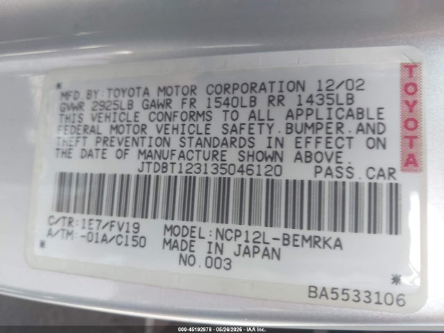 Продаж на аукціоні авто 2003 Toyota Echo, vin: JTDBT123135046120, номер лоту: 45192978