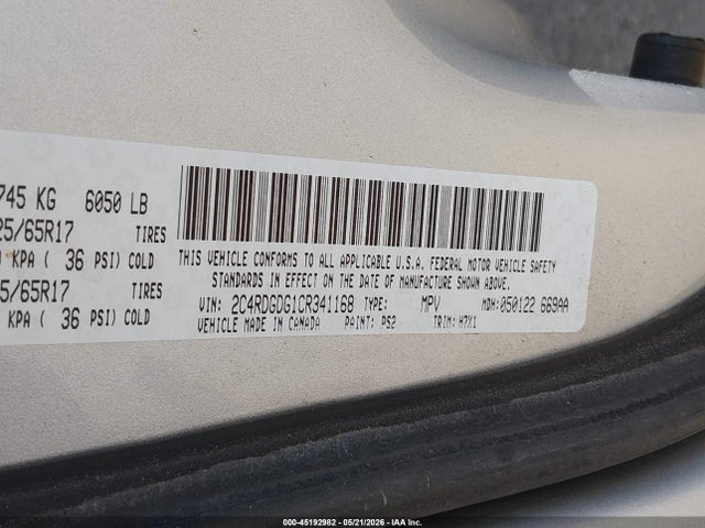 45192982 :رقم المزاد ، 2C4RDGDG1CR341168 vin ، 2012 Dodge Grand Caravan Crew مزاد بيع