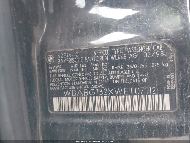 45193005 :رقم المزاد ، WBABG132XWET07112 vin ، 1998 Bmw 328is مزاد بيع
