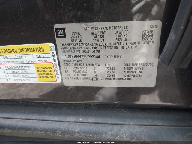 Aukcja sprzedaży 2016 Chevrolet Traverse Ls, vin: 1GNKRFED9GJ252144, numer aukcji: 45193007