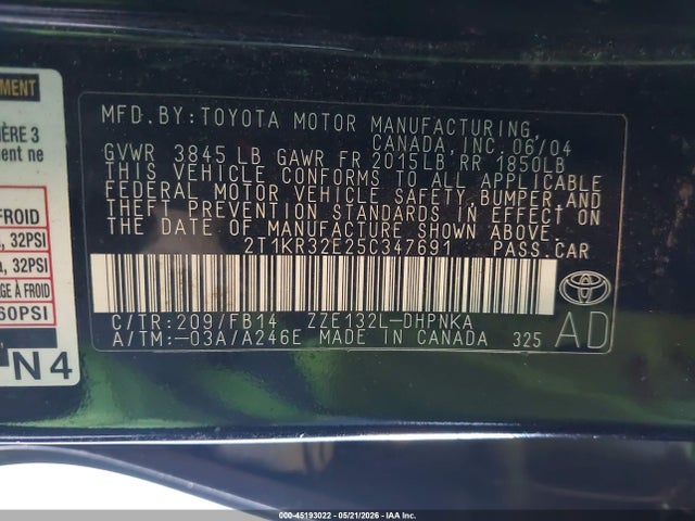 Продажа на аукционе авто 2005 Toyota Matrix Xr, vin: 2T1KR32E25C347691, номер лота: 45193022