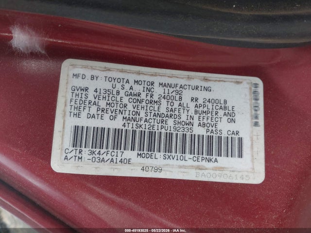 45193025 :رقم المزاد ، 4T1SK12E1PU192335 vin ، 1993 Toyota Camry Le مزاد بيع