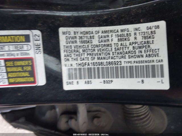 Продажа на аукционе авто 2008 Honda Civic Lx, vin: 1HGFA16598L086923, номер лота: 45193032