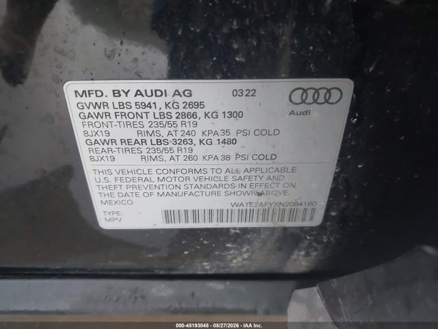 45193048 :رقم المزاد ، WA1E2AFYXN2084160 vin ، 2022 Audi Q5 Premium Plus 55 Tfsi E S Line Quattro S Tronic مزاد بيع