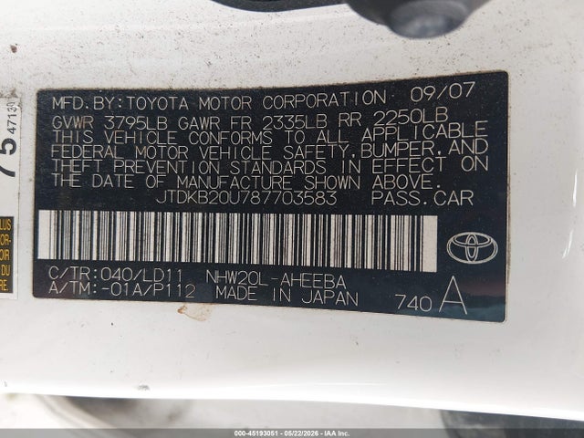 2008 Toyota Prius მანქანა იყიდება აუქციონზე, vin: JTDKB20U787703583, აუქციონის ნომერი: 45193051