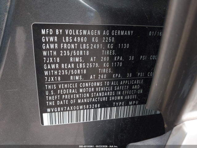 Продажа на аукционе авто 2016 Volkswagen Tiguan Se, vin: WVGBV7AX0GW583266, номер лота: 45193061