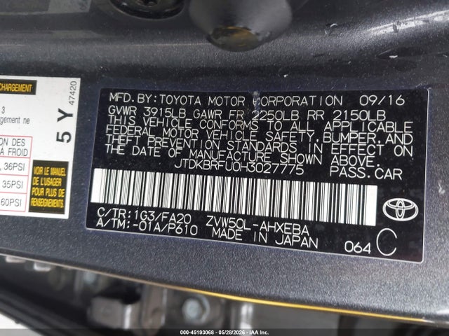JTDKBRFU0H3027775 Toyota Prius Two