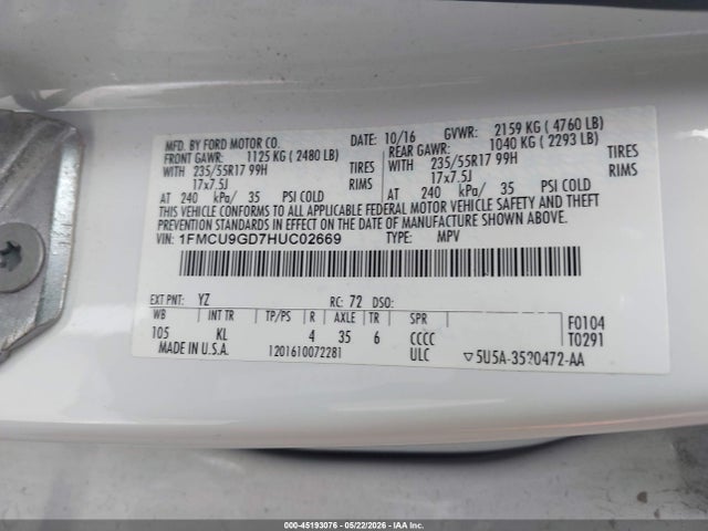 1FMCU9GD7HUC02669 Ford ESCAPE SE