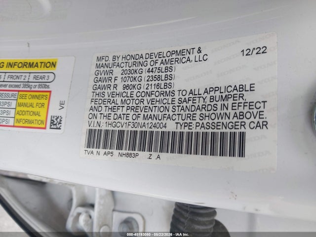 Aukcja sprzedaży 2022 Honda Accord Sport, vin: 1HGCV1F30NA124004, numer aukcji: 45193080