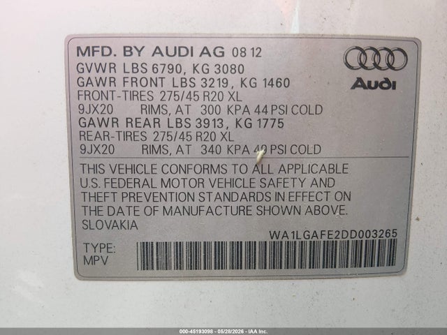 Продажа на аукционе авто 2013 Audi Q7 3.0t Premium, vin: WA1LGAFE2DD003265, номер лота: 45193098
