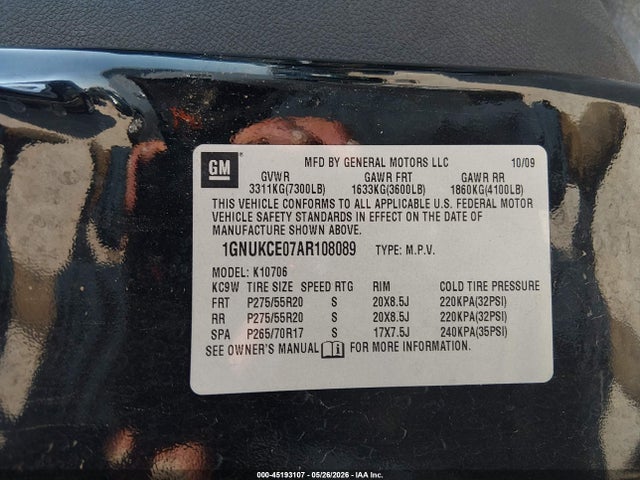 45193107 :رقم المزاد ، 1GNUKCE07AR108089 vin ، 2010 Chevrolet Tahoe Ltz مزاد بيع
