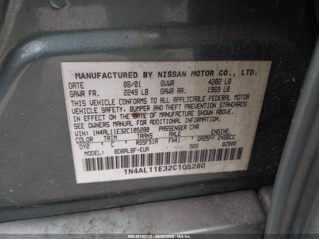 Aukcja sprzedaży 2002 Nissan Altima 2.5 Sl, vin: 1N4AL11E32C105280, numer aukcji: 45193112
