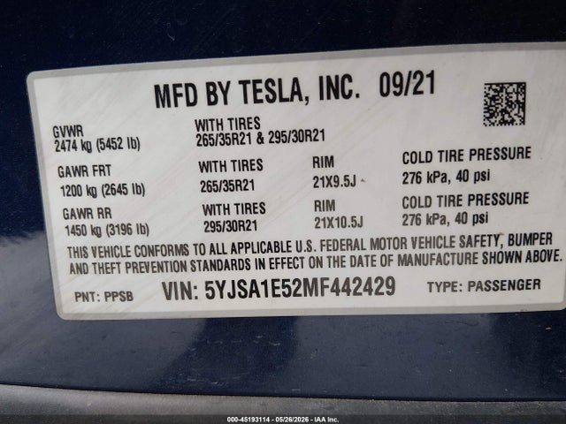Продажа на аукционе авто 2021 Tesla Model S Long Range Dual Motor All-wheel Drive, vin: 5YJSA1E52MF442429, номер лота: 45193114
