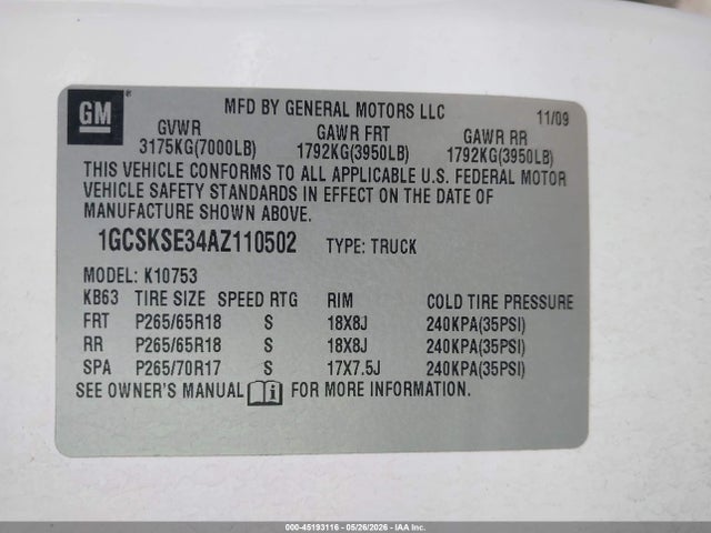 Продаж на аукціоні авто 2010 Chevrolet Silverado 1500 Lt, vin: 1GCSKSE34AZ110502, номер лоту: 45193116